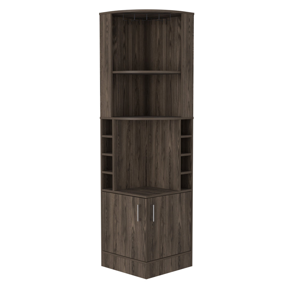 English Elm Syrah Espresso Corner Bar Cabinet with 8 Bottle Cubbies, 12-Glass Rack & Two External Shelves — Space-Saving Lounge Organizer B200P239599