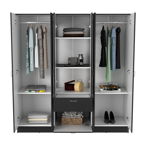 English Elm Mitu Six Doors Armoire with 7 Shelves, 3 Drawers & Dual Hanging Rods, Black Particleboard Storage Elegance B070S00210
