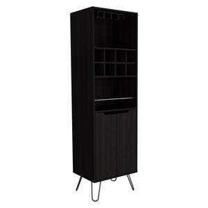English Elm Manhattan Black Tall Bar Cabinet with 8 Wine Cubbies, Slanted Steel Legs, Glassware Storage, Modern Design B200S00055