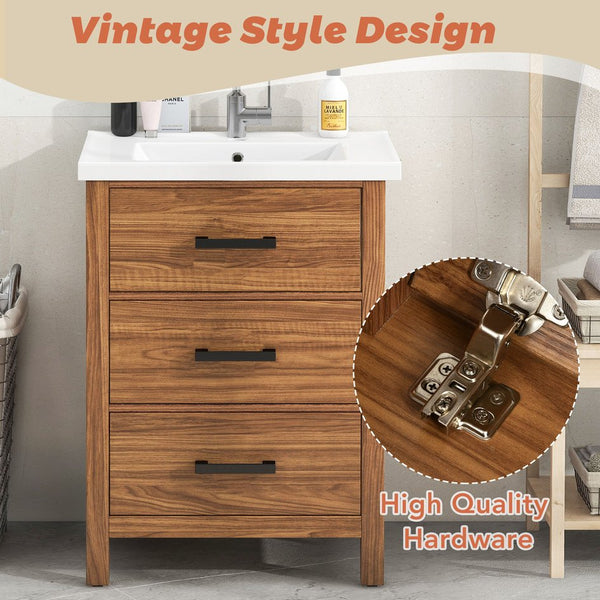 English Elm 24'' 24" Bathroom Vanity with Ceramic Basin, Vintage Wood Grain Gloss Countertop, 3-Drawer Storage Cabinet N710P243315P