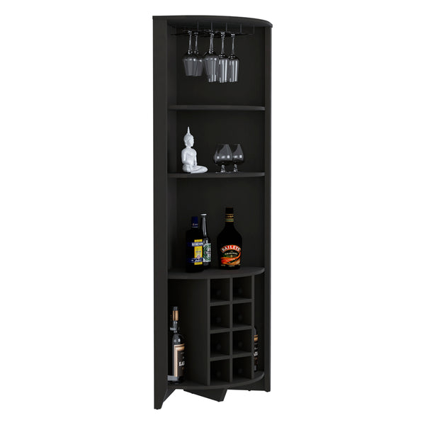 English Elm Essential Corner Bar Cabinet with Wine Rack & Cup Holders, Space-Saving Three-Tier Storage Solution Black 74 L x 24 W x 3 H B200S00406