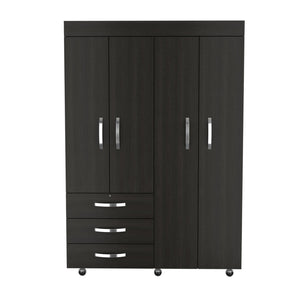 English Elm Denver 68" Mobile Armoire with Hanging Rods, Double Door Cabinet, 3 Drawers & 2 Shelves, Black Durable Particle Board Storage B200S00284