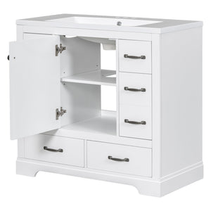 English Elm 36" Modern Bathroom Vanity with Ceramic Sink, Six Drawers, Adjustable Shelf, Solid Wood Build White SY999808AAK-6