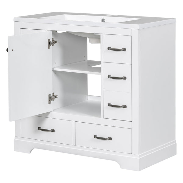 English Elm 36" Modern Bathroom Vanity with Ceramic Sink, Six Drawers, Adjustable Shelf, Solid Wood Build White SY999808AAK-6