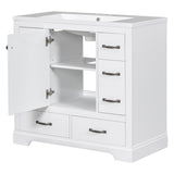 English Elm 36" Bathroom Vanity With Sink Combo, Six Drawers, Multi-Functional Drawer Divider, Adjustable Shelf, White