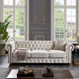 English Elm Chesterfield linen sofa with solid wood frame, deep tufted classic design, durable foam seats for 3 Beige W1097S00078