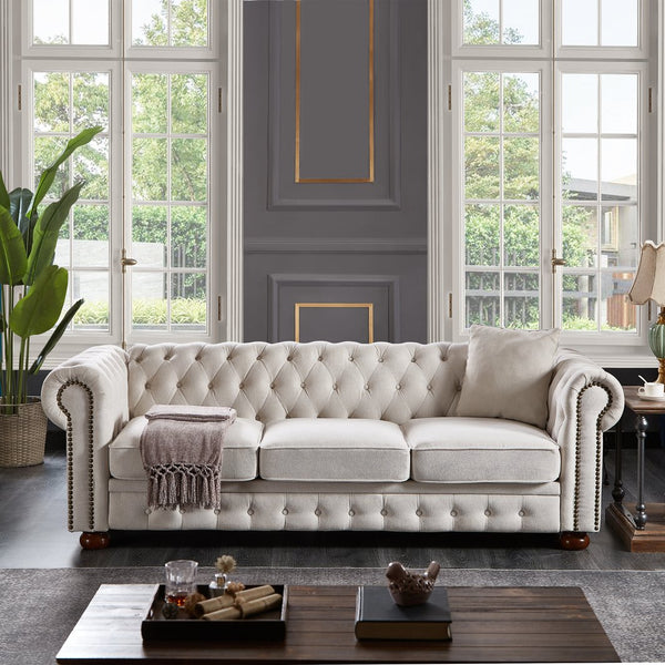 English Elm Chesterfield linen sofa with solid wood frame, deep tufted classic design, durable foam seats for 3 Beige W1097S00078