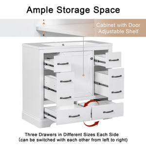 English Elm 36" Modern Bathroom Vanity Cabinet Base with Six Drawers, Adjustable Shelf & Drawer Organizer White WF307973AAK