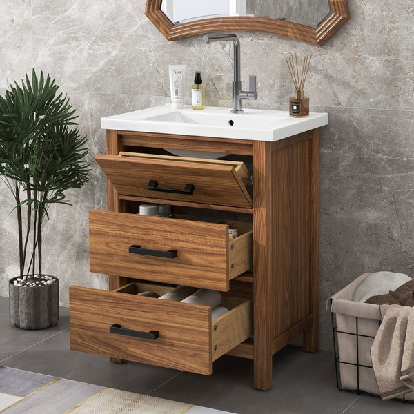 English Elm 24'' 24" Bathroom Vanity with Ceramic Basin, Vintage Wood Grain Gloss Countertop, 3-Drawer Storage Cabinet N710P243315P