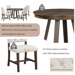 English Elm Trexm Mid-century Extendable Round Dining Set Acacia Veneer Table Four Tufted Chairs ST000094AAD