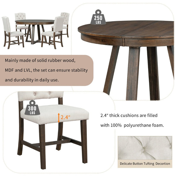 English Elm Trexm Mid-century Extendable Round Dining Set Acacia Veneer Table Four Tufted Chairs ST000094AAD