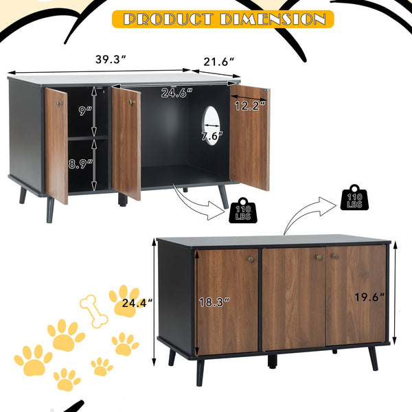 English Elm Litter Box Enclosure - Stylish Cat Furniture With Hidden Plug, Storage, And Triple-Door Access W42090255