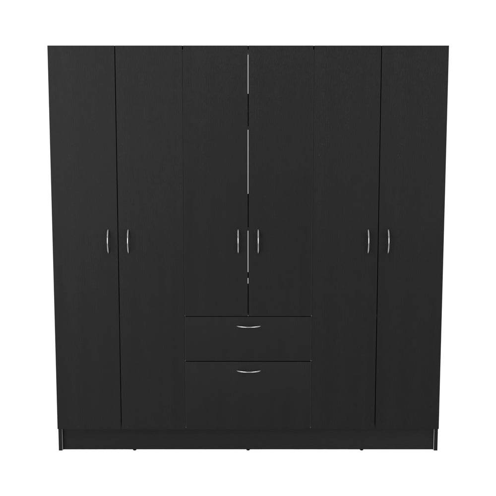 English Elm Mitu Six Doors Armoire with 7 Shelves, 3 Drawers & Dual Rods — Black Particleboard, Sturdy Handles B200S00363