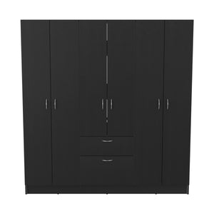 English Elm Mitu Six Doors Armoire with 7 Shelves, 3 Drawers & Dual Hanging Rods, Black Particleboard Storage Elegance B070S00210