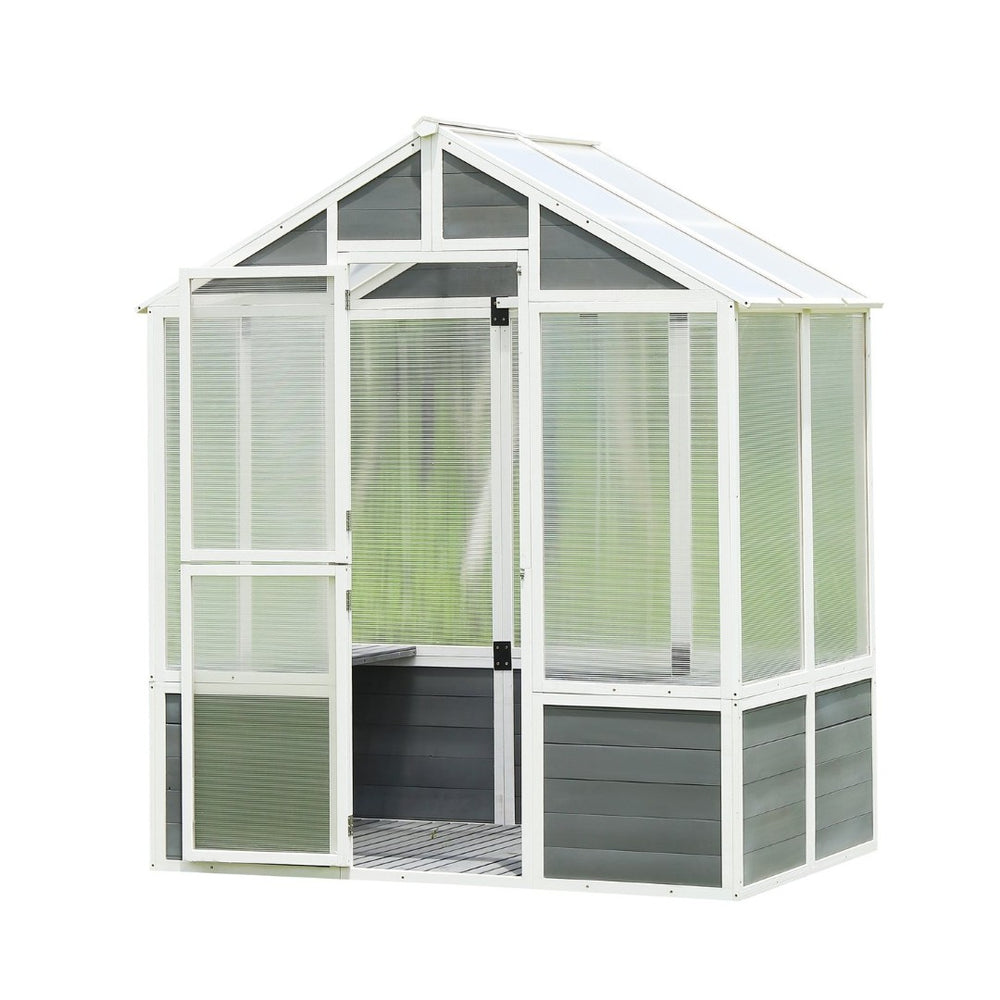 English Elm Greenhouse, Pine Frame Polycarbonate Walk-in Grow House with Shelves for Backyard Patio W1850S00003
