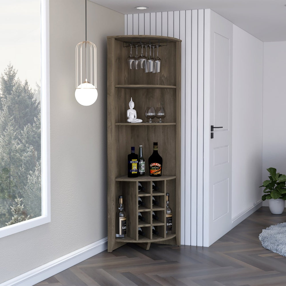 English Elm Essential Corner Bar Cabinet with Wine Rack Stemware Storage and Dark Brown Finish B070S00346