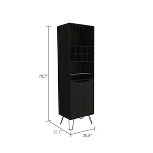 English Elm Manhattan Black Tall Bar Cabinet with 8 Wine Cubbies, Slanted Steel Legs, Glassware Storage, Modern Design B200S00055