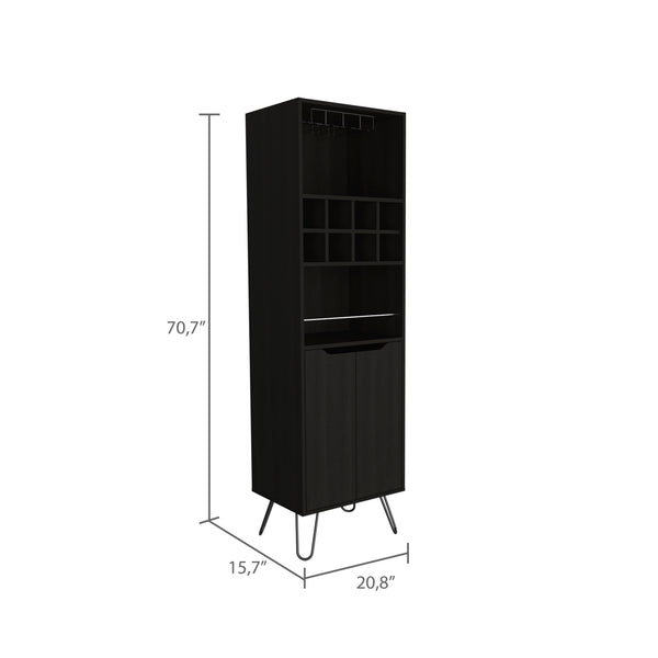 English Elm Manhattan Black Tall Bar Cabinet with 8 Wine Cubbies, Slanted Steel Legs, Glassware Storage, Modern Design B200S00055
