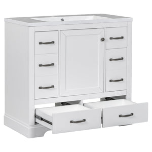 English Elm 36" Modern Bathroom Vanity with Ceramic Sink, Six Drawers, Adjustable Shelf, Solid Wood Build White SY999808AAK-6