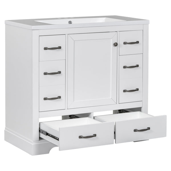 English Elm 36" Modern Bathroom Vanity with Ceramic Sink, Six Drawers, Adjustable Shelf, Solid Wood Build White SY999808AAK-6
