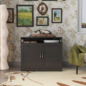 English Elm Litter Box Enclosure Grey - Durable Carb P2 Wood Cat Litter House with Hidden Plug, Storage Bench W42090263