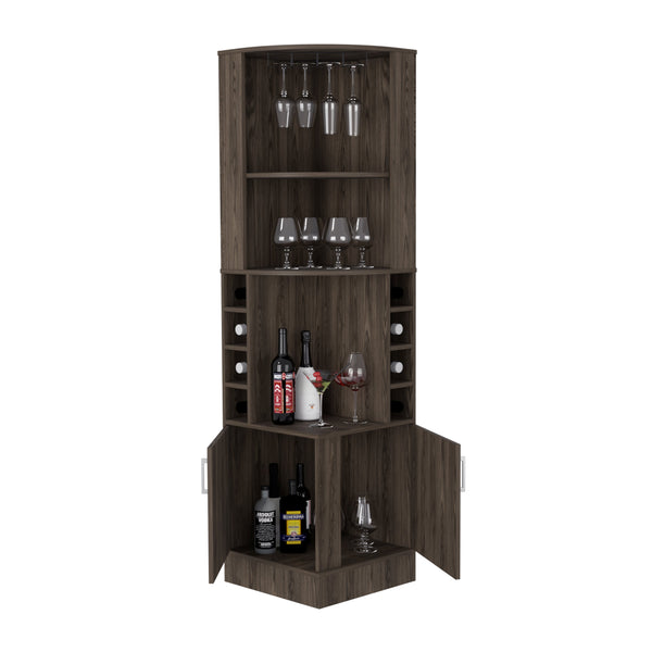 English Elm Syrah Espresso Corner Bar Cabinet with 8 Bottle Cubbies, 12-Glass Rack & Two External Shelves — Space-Saving Lounge Organizer B200P239599