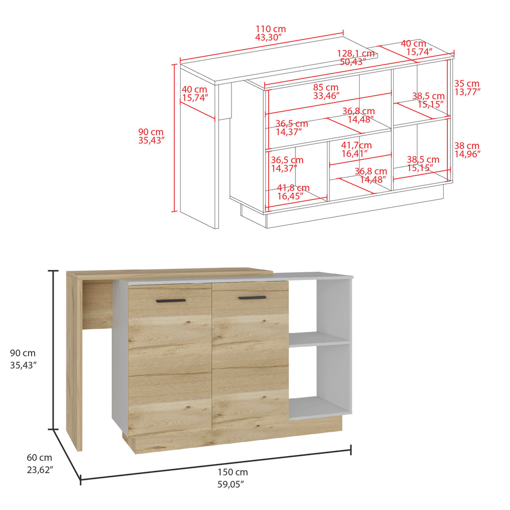 English Elm Sicilia Kitchen island with double-door cabinets, two external shelves and three interior shelves, modern finish White 47.5 L x 22 W x 6 H B070S00075