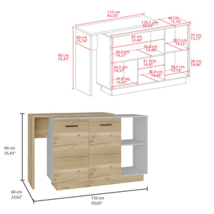 English Elm Sicilia Kitchen island with double-door cabinets, two external shelves and three interior shelves, modern finish White 47.5 L x 22 W x 6 H B070S00075
