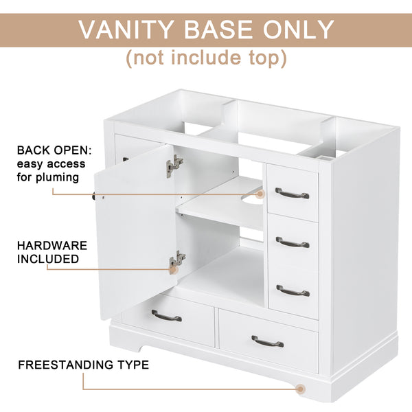 English Elm 36" Modern Bathroom Vanity Cabinet Base with Six Drawers, Adjustable Shelf & Drawer Organizer White WF307973AAK