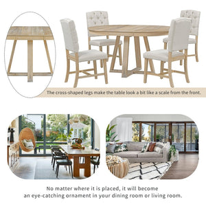English Elm Trexm Retro Round Extendable Dining Set Acacia Veneer Table Four Tufted Chairs ST000094AAN