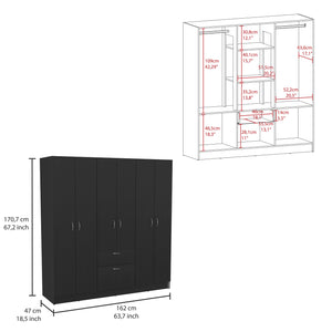 English Elm Mitu Six Doors Armoire with 7 Shelves, 3 Drawers & Dual Hanging Rods, Black Particleboard Storage Elegance B070S00210