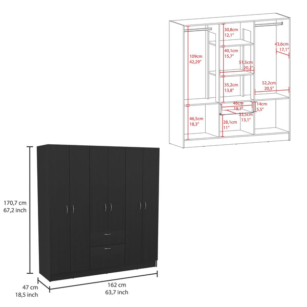 English Elm Mitu Six Doors Armoire with 7 Shelves, 3 Drawers & Dual Hanging Rods, Black Particleboard Storage Elegance B070S00210