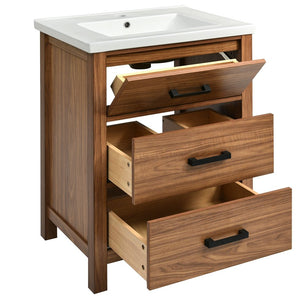 English Elm 24'' 24" Bathroom Vanity with Ceramic Basin, Vintage Wood Grain Gloss Countertop, 3-Drawer Storage Cabinet N710P243315P