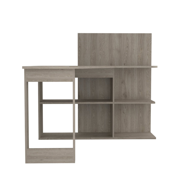English Elm Masai L-Shaped Writing Desk With 5 Open Shelves - Modern Light Gray Finish For Home Office B200S00057