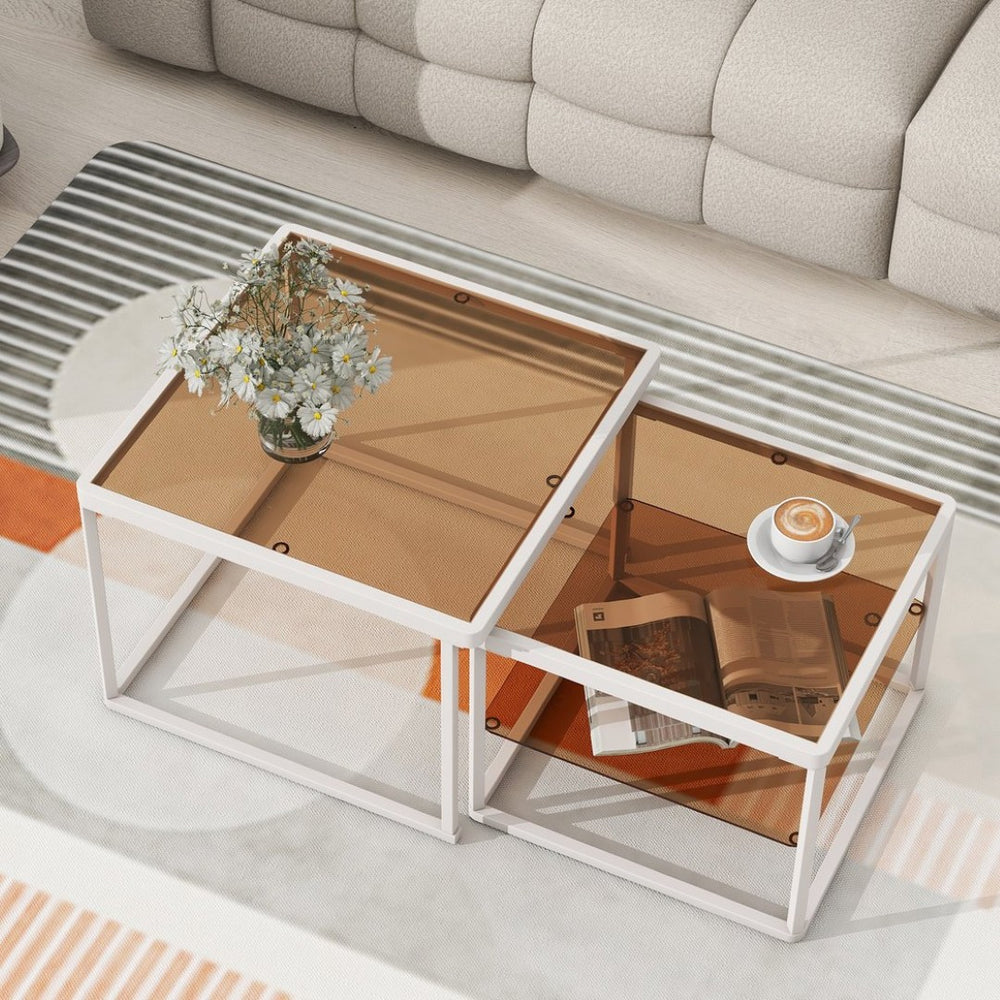 English Elm On-trend Nesting Coffee Table Set Brown Tempered Glass Tops White Metal Living Room WF307975AAK