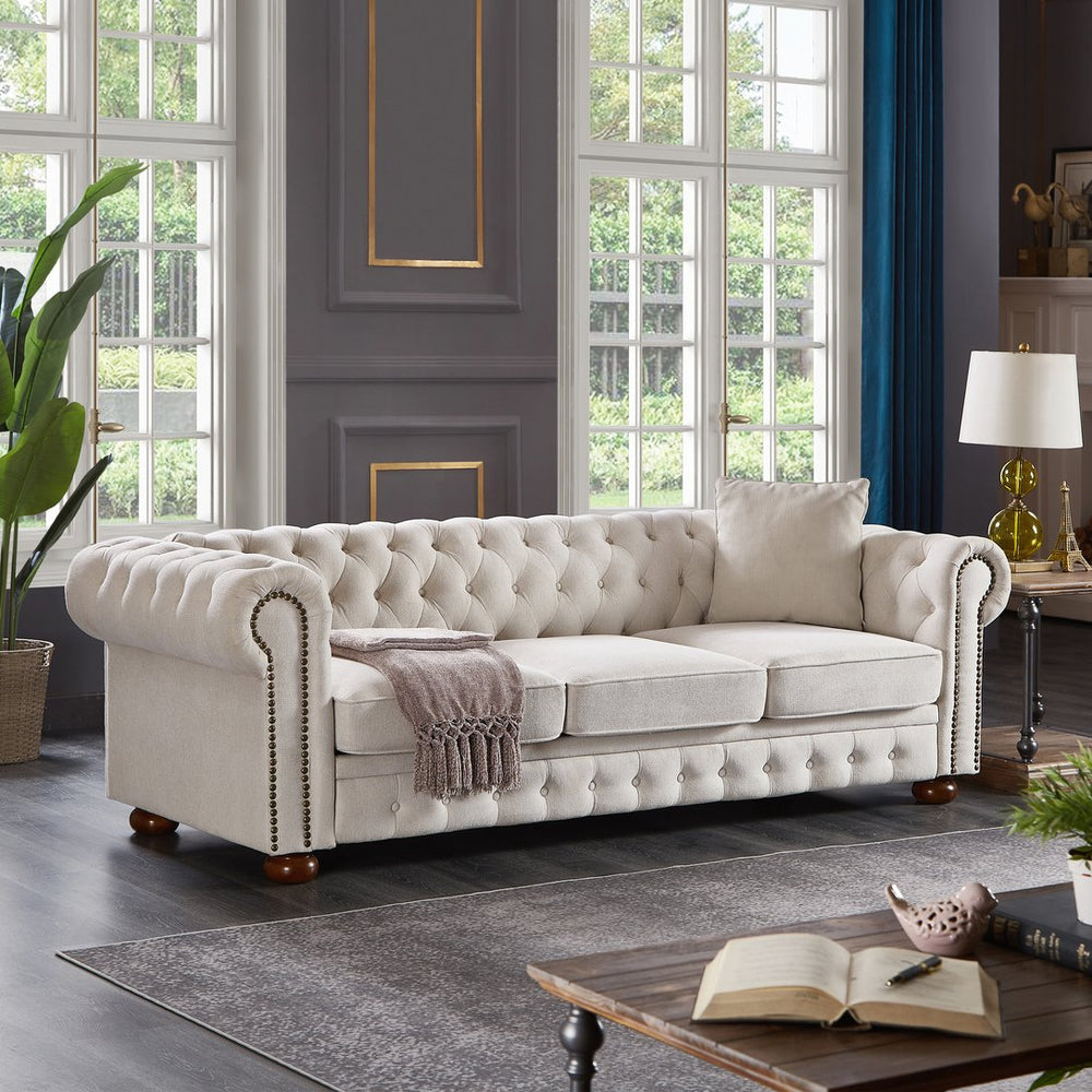 English Elm Chesterfield linen sofa with solid wood frame, deep tufted classic design, durable foam seats for 3 Beige W1097S00078