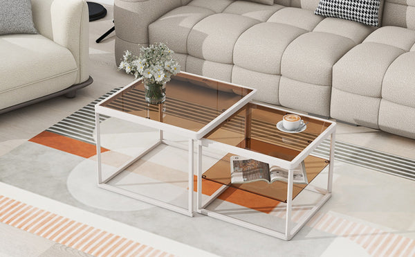 English Elm On-trend Nesting Coffee Table Set Brown Tempered Glass Tops White Metal Living Room WF307975AAK