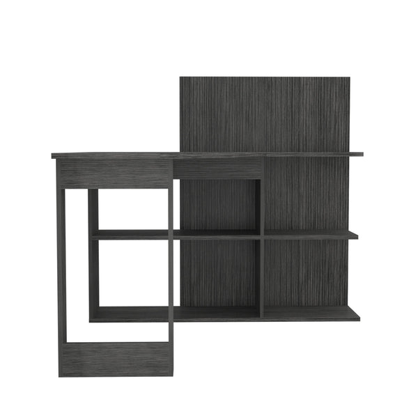 English Elm Masai L-Shaped Writing Desk With 5 Open Shelves In Smokey Oak - Modern Workspace Solution B070S00058