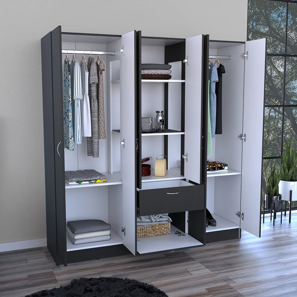 English Elm Mitu Six Doors Armoire with 7 Shelves, 3 Drawers & Dual Hanging Rods, Black Particleboard Storage Elegance B070S00210