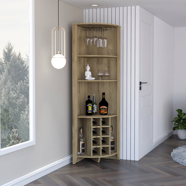 English Elm Essential Corner Bar Cabinet with Wine Rack & Cup Holders, Space-Saving Three-Tier Storage Solution Light Oak 75 L x 24 W x 3 H B200S00404