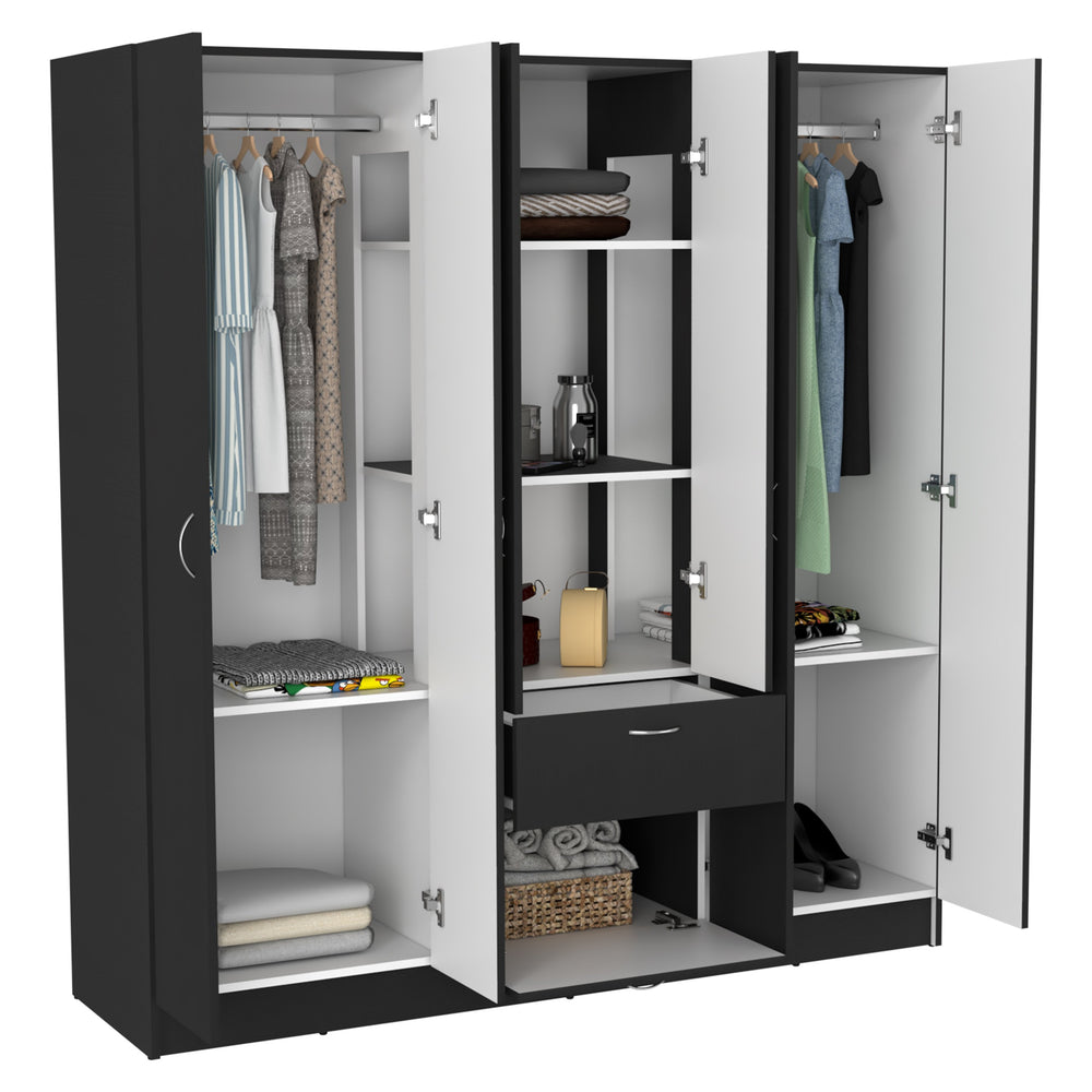 English Elm Mitu Six Doors Armoire with 7 Shelves, 3 Drawers & Dual Hanging Rods, Black Particleboard Storage Elegance B070S00210