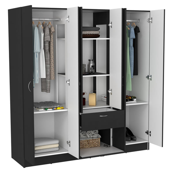 English Elm Mitu Six Doors Armoire with 7 Shelves, 3 Drawers & Dual Hanging Rods, Black Particleboard Storage Elegance B070S00210
