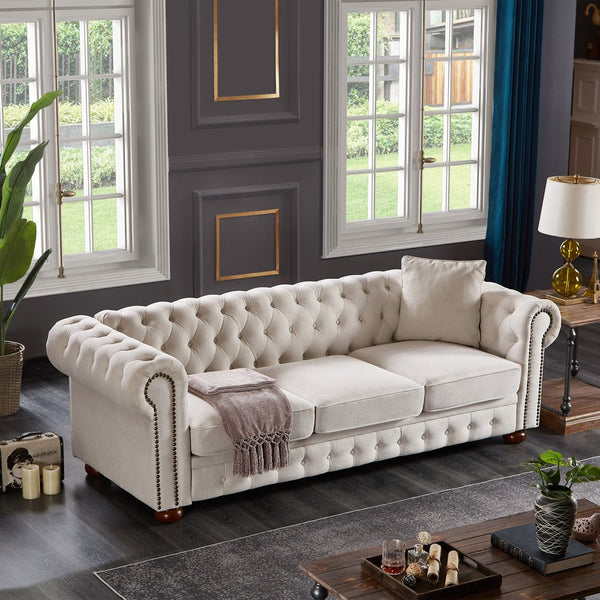 English Elm Chesterfield linen sofa with solid wood frame, deep tufted classic design, durable foam seats for 3 Beige W1097S00078