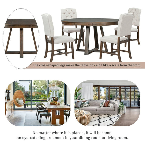 English Elm Trexm Mid-century Extendable Round Dining Set Acacia Veneer Table Four Tufted Chairs ST000094AAD