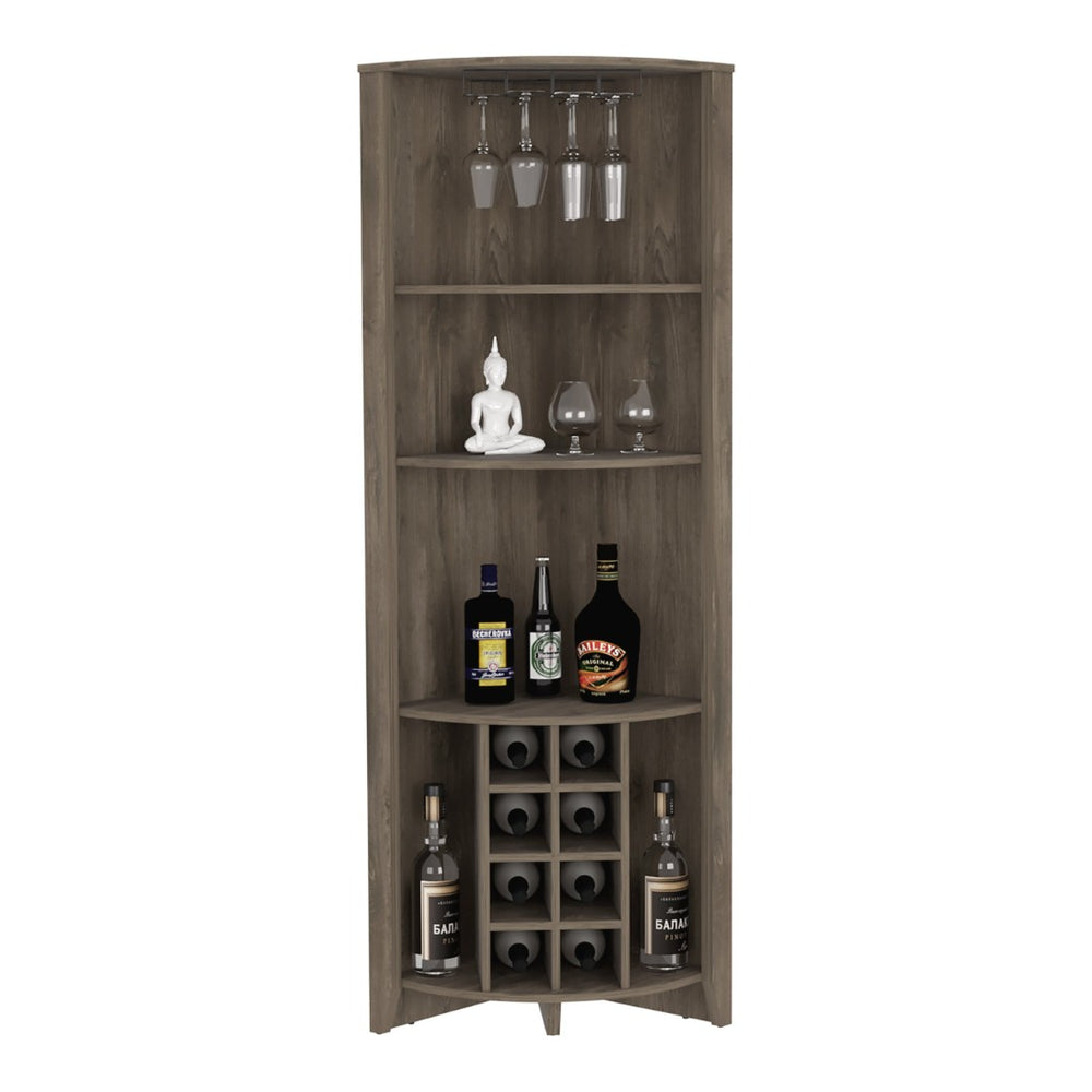 English Elm Essential Corner Bar Cabinet with Wine Rack Stemware Storage and Dark Brown Finish B070S00346