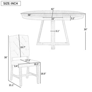 English Elm Trexm Retro Round Extendable Dining Set Acacia Veneer Table Four Tufted Chairs ST000094AAN
