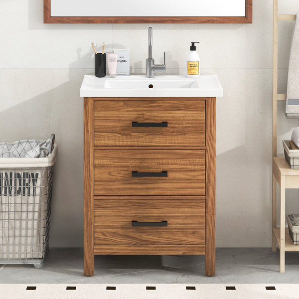 English Elm 24'' 24" Bathroom Vanity with Ceramic Basin, Vintage Wood Grain Gloss Countertop, 3-Drawer Storage Cabinet N710P243315P