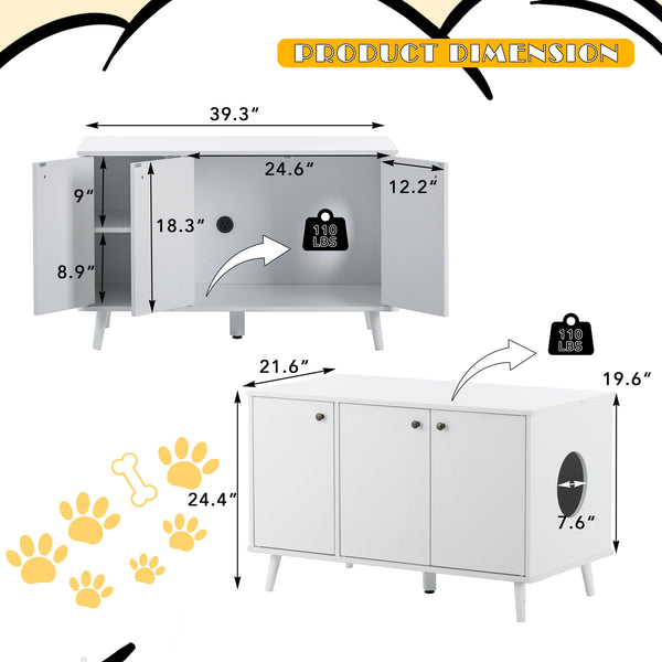 English Elm Litter Box Enclosure - Stylish Cat Washroom Storage Bench With Hidden Plug & 3 Doors, Black-Walnut W42090258