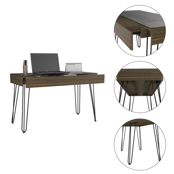 English Elm Baxter Industrial 120 Drawer Desk - Stylish Mahogany With Glass Top For Modern Compact Workspaces B200S00028