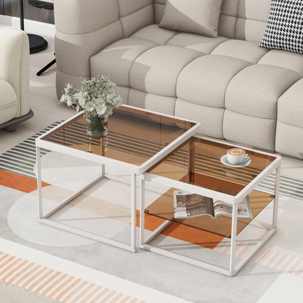 English Elm On-trend Nesting Coffee Table Set Brown Tempered Glass Tops White Metal Living Room WF307975AAK